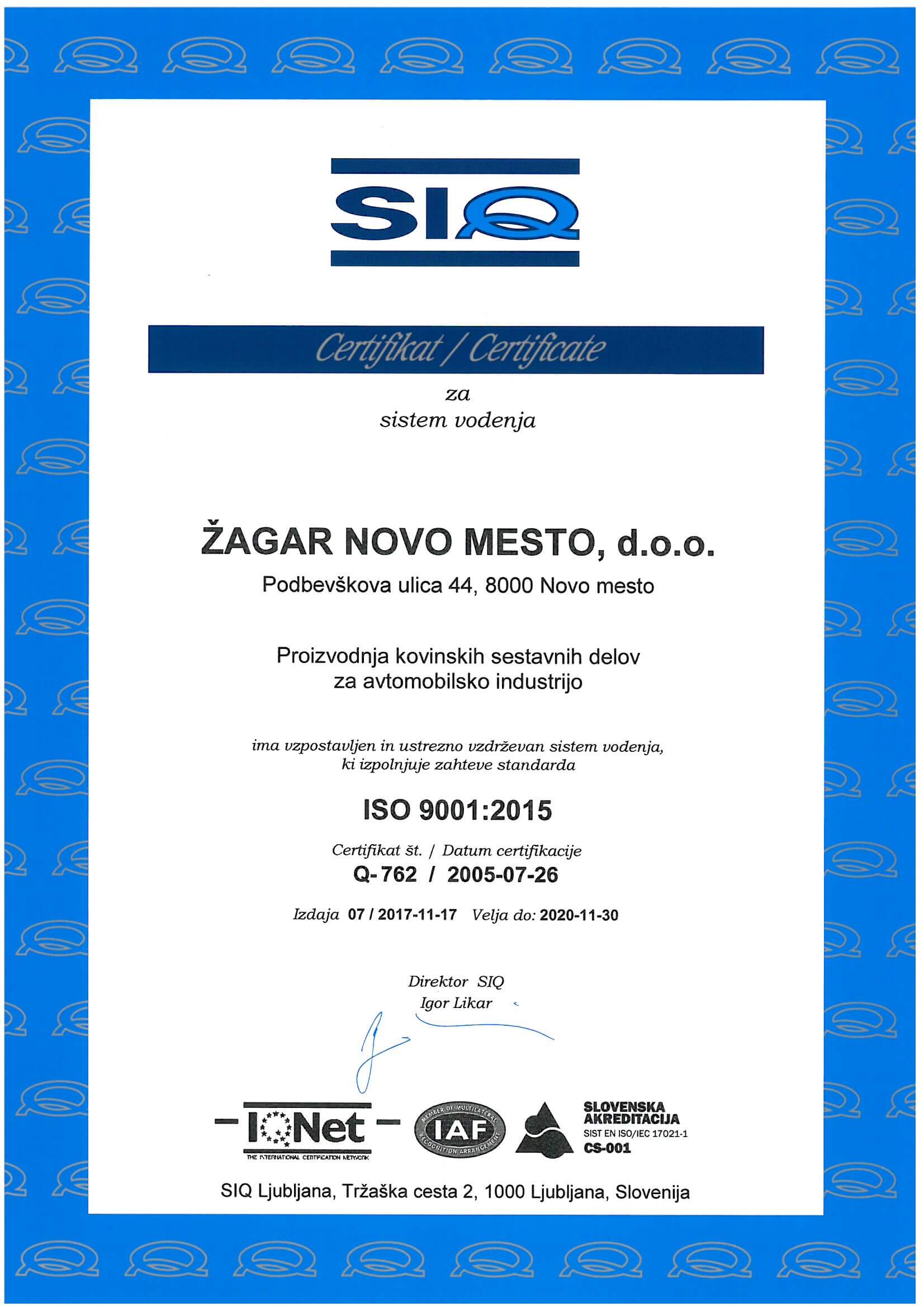 ISO 9001:2015 Certifikat – stran 1